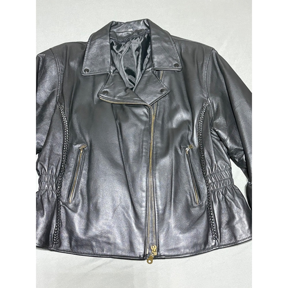 Womens Black Leather Motorcycle Jacket Braided Trim Studded Back XXXL